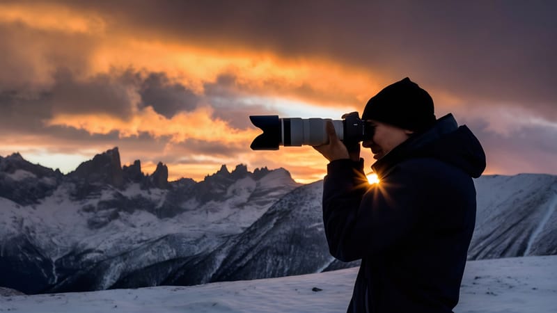 Photographer capturing sunset colors at midnight in Iceland