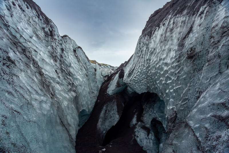 Mýrdalsjökull glacier ice cave with ash layers