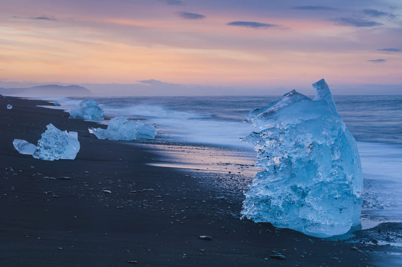 Breiðamerkursandur (Diamond Beach) with ice chunks on black sand