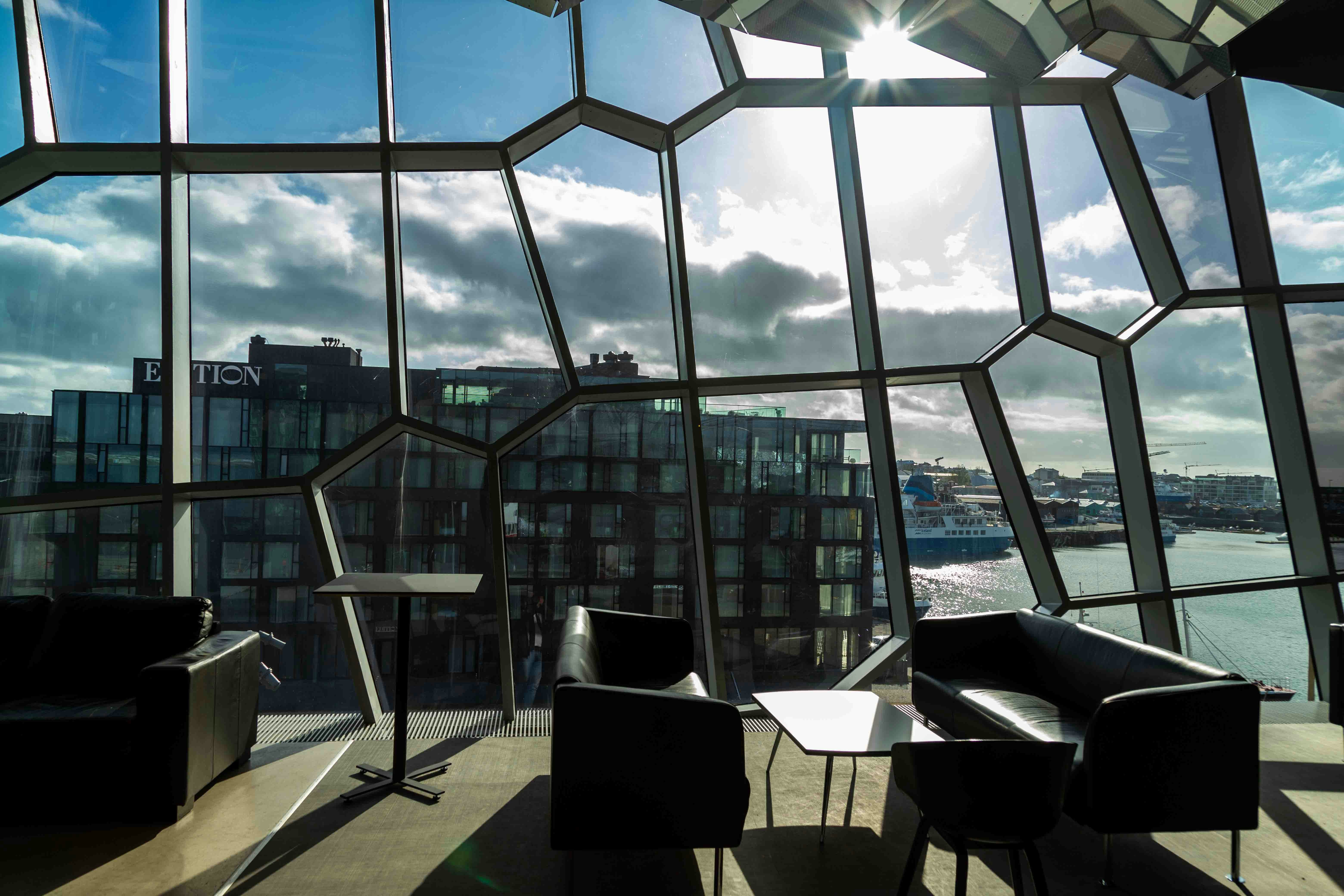 Harpa Concert Hall interior with geometric glass facade and natural light