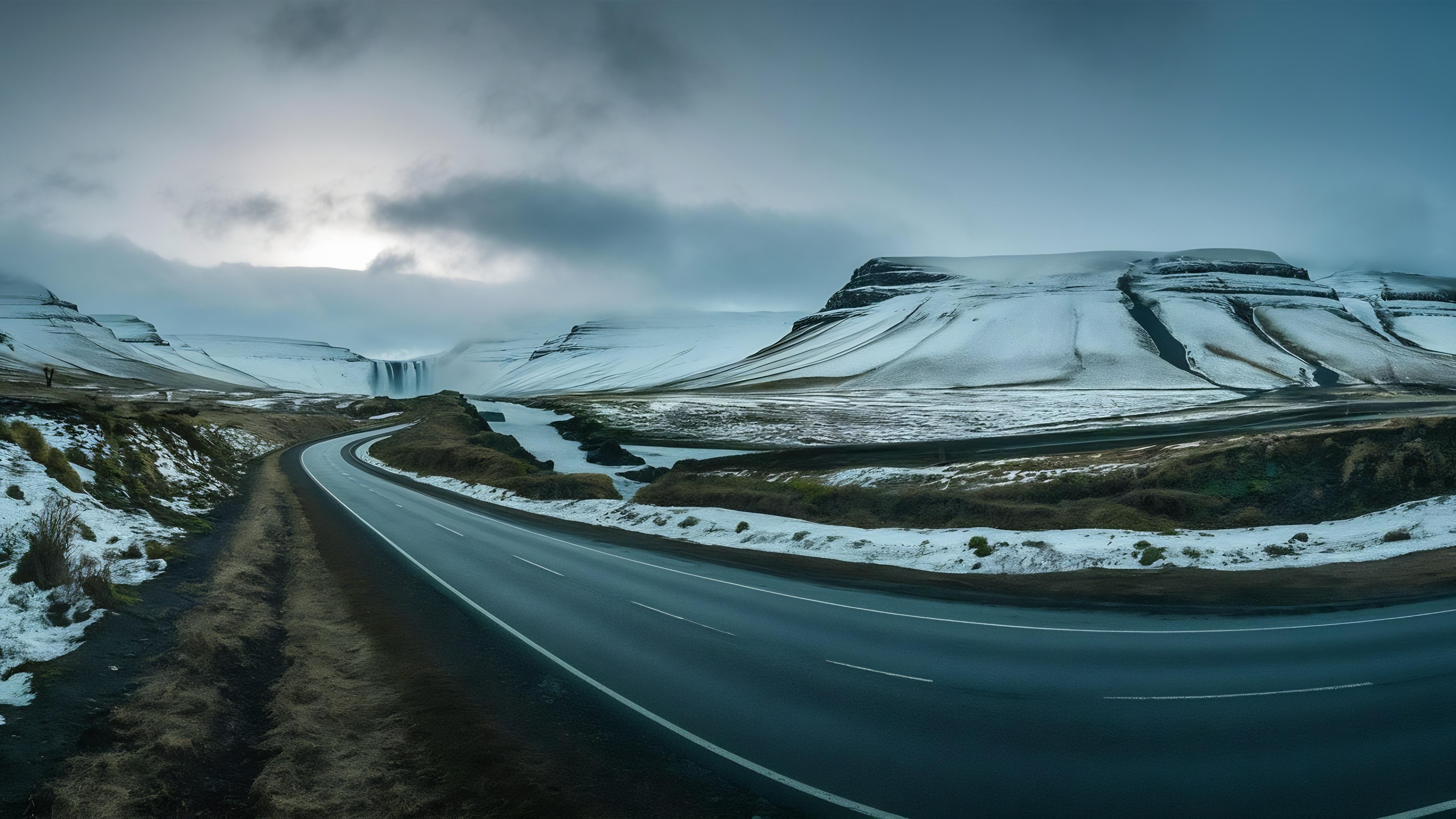 Road surrounded by hills covered in the snow and greenery under a cloudy sky in Iceland