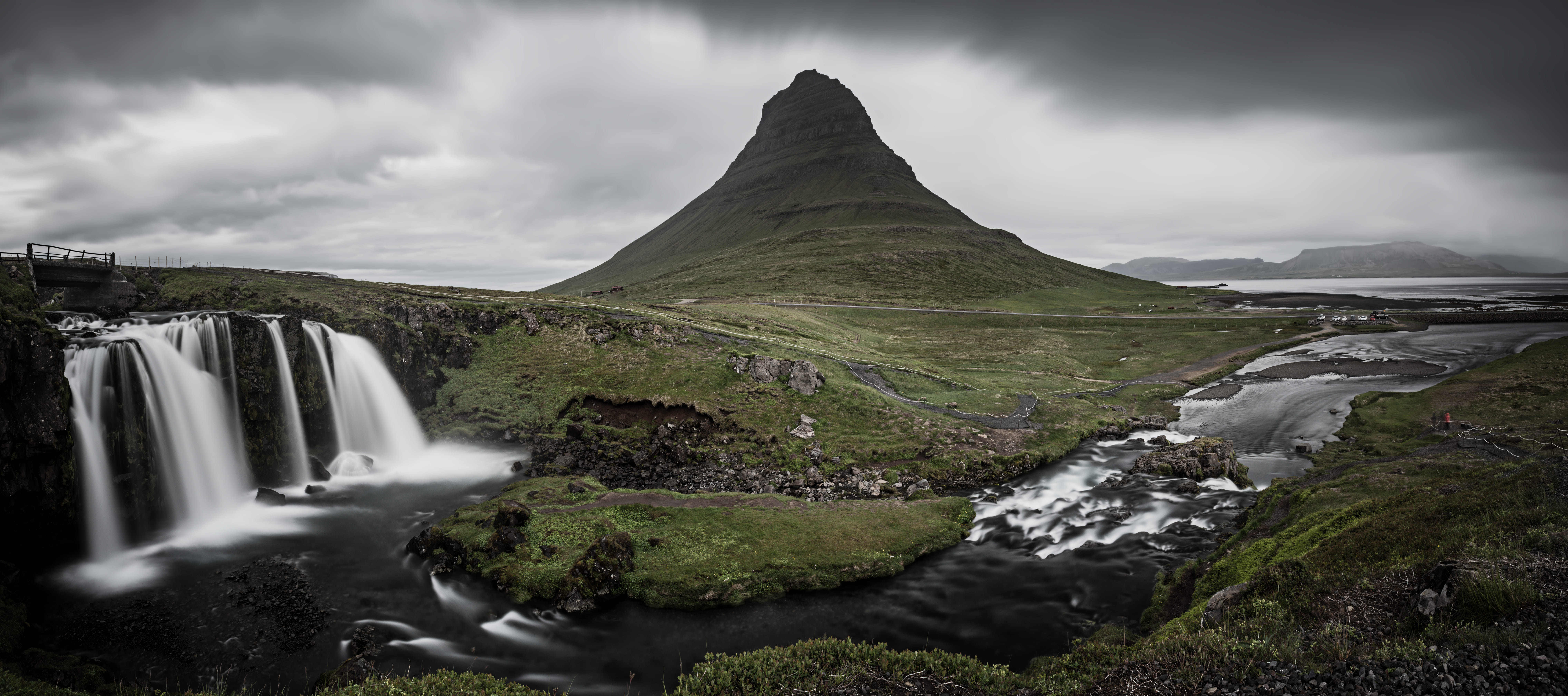 Kirkjufell mountain waterfalls Iceland panoramic travel background