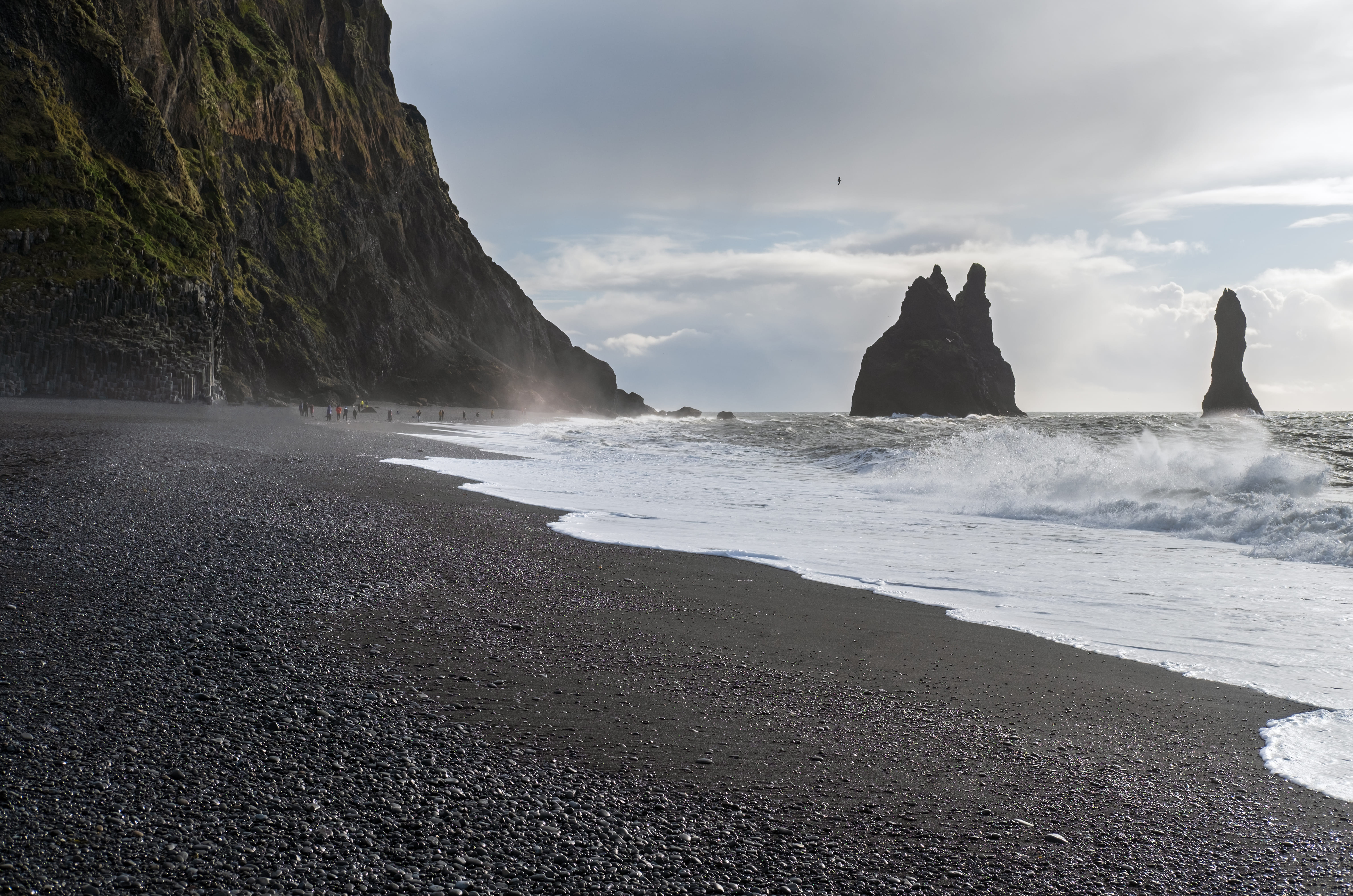 The famous Black Sand ocean Beach mount Reynisfjall and Picturesque Basalt Columns Vik South Iceland